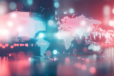 Abstract world map illustrating global connectivity and data transfer in a blurred background