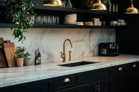 Stylish new york city apartment featuring marble countertops, black cabinets, and elegant decor