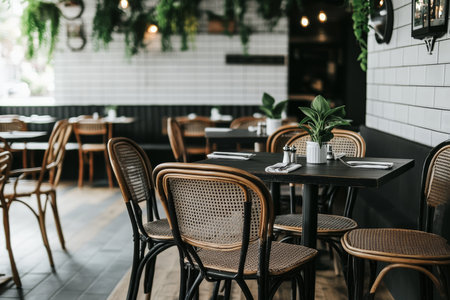 Elegant modern restaurant interior design in Tenerife featuring rattan chairs and green plantsの写真素材