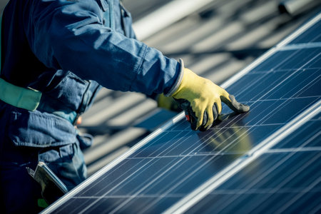 Close up of worker installing photovoltaic panels on industrial roof with tools in daylightの写真素材