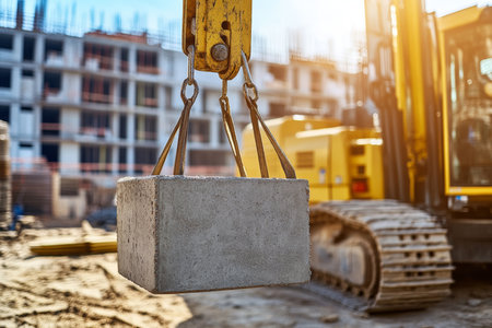 Forklift crane lifting concrete block at construction site with blurred background and bokeh effectの写真素材