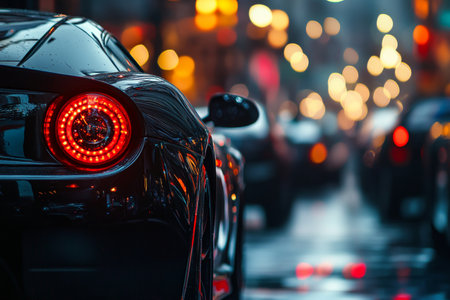 Sleek black sports car captured with blurred background of vibrant city lights and other vehiclesの写真素材