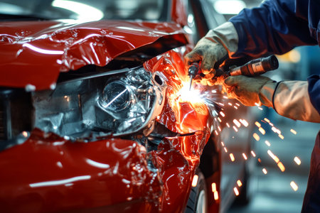 Master welder restores red car body after accident at modern repair service on bright backgroundの写真素材