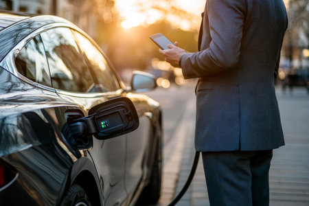 Businessman in gray suit charging electric car at sunset, embracing green energy solutionsの写真素材