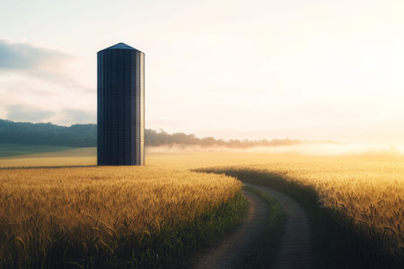 Cinematic scene of a tall metal silo amidst a wheat field bathed in warm sunlight and fog