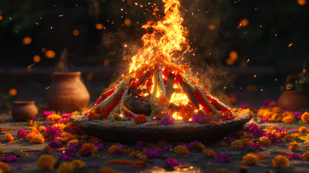 Vibrant bonfire surrounded by marigolds, decorated with ribbons in a festive Indian atmosphereの写真素材