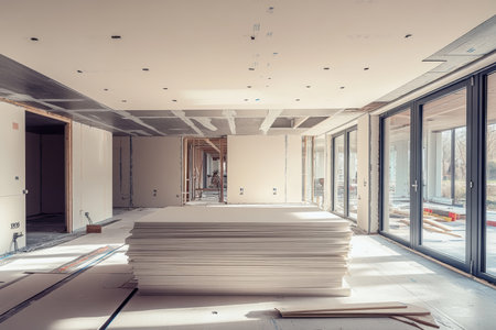 Interior of a modern house under construction with plasterboard and daylight illuminationの写真素材