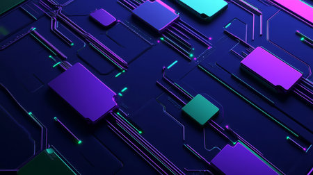 3d illustration of purple and green rectangles with circuit lines on dark blue backgroundの写真素材