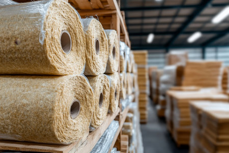 Close up of rock wool and insulation blankets for soundproofing in a warehouse settingの写真素材