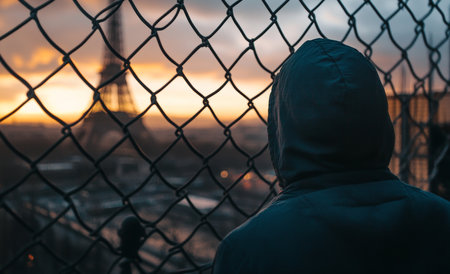 Contemplating the eiffel tower at sunrise a solitary moment of hope and reflection in parisの写真素材