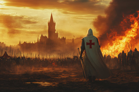 Epic concept art of a medieval white knight with a red cross leading an army beside a burning castleの写真素材