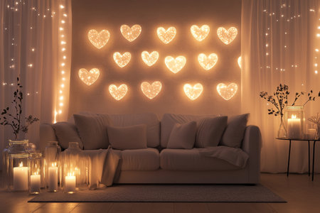 Romantic 3d scene of a valentine's day decor with glowing hearts and candlelit ambiance at nightの写真素材