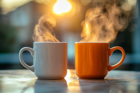 Two steaming coffee mugs on a table with warm morning light and blurred background in soft tones