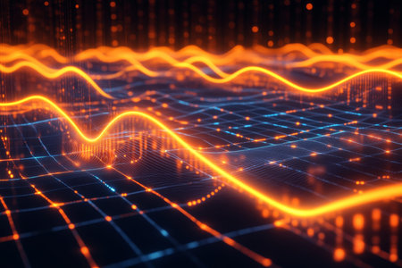 Digital background of glowing orange and blue data curves on grid representing big data technology