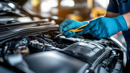 Mechanic in Blue Gloves Working on Car Engine with a Yellow Screwdriver in Auto Repair Shop.