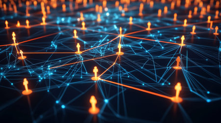 3d network connection visualization with glowing icons for digital communication and business