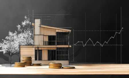Illustration of a house with arrow and graph on coins, symbolizing real estate growth and investmentの写真素材