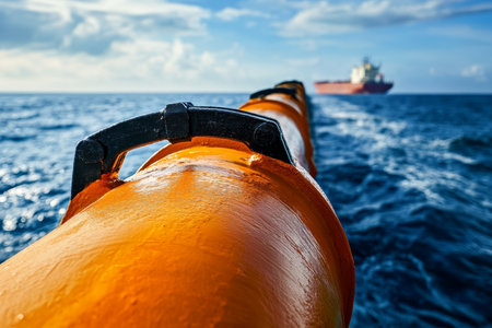 Close up of an orange oil pipe with black handles against a blurred ocean platform and blue skyの写真素材