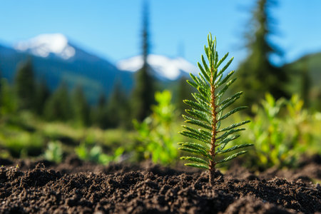 Close up of a spruce tree seedling against a boreal forest and mountain backdrop in Alaskaの写真素材