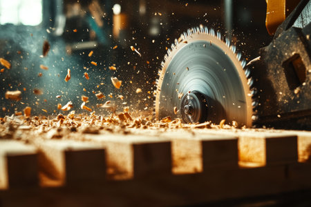 Dynamic close up of a circular saw blade with wood chips in motion against a workbench backgroundの写真素材
