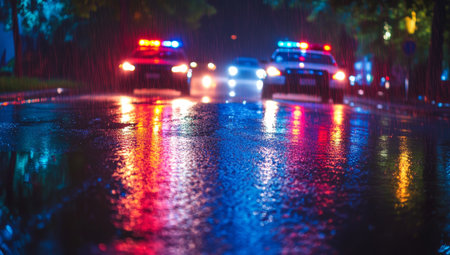 Dusk urban park scene wet road reflects colorful lights from police and emergency vehiclesの写真素材