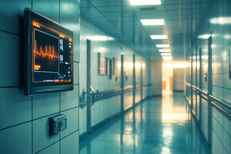 Realistic ecg monitor display in hospital corridor heart recording and life support system overviewの写真素材