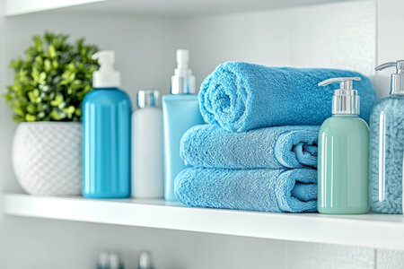 Elegant white bathroom with personal care products close upの写真素材