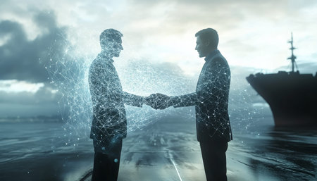 Businessmen shaking hands amidst digital logistics and global shipping network background