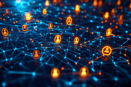 3d network connection visualization featuring people icons on a blue digital background