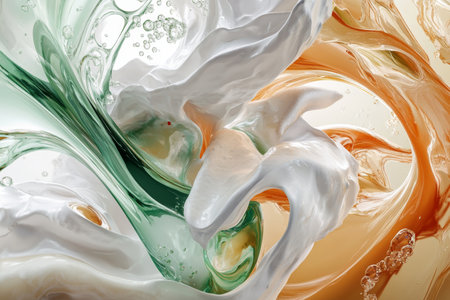 Close up 3d rendering of fluid abstract swirls in white, green, brown, and orange tonesの写真素材
