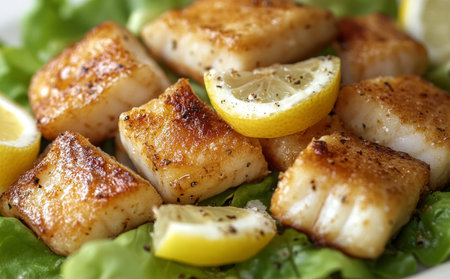 Close up of savory golden brown fish fillets with rustic bread, fresh lemon, and crisp lettuce