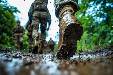 Close up view of soldiers in camouflage boots trekking through muddy terrain with water splashesの写真素材