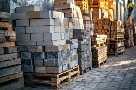 Pallets displaying assorted bricks and blocks at a construction store in bright daylight outdoorsの写真素材
