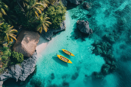 Aerial view of a tropical island with canoes, hut, clear waters, palm trees, and scenic rocksの写真素材