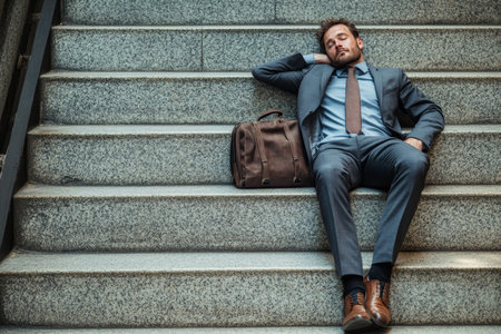 Exhausted businessman napping on stairs a visual representation of work life balance challengesのeditorial素材
