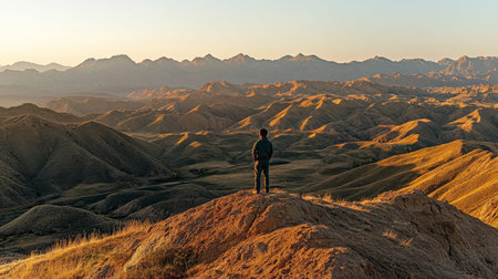 Stunning sunrise panorama of an Asian hiker capturing majestic mountain views from a summit