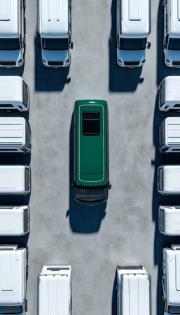 Photorealistic 3d rendering of a green bus surrounded by white work trucks in a parking lotの写真素材