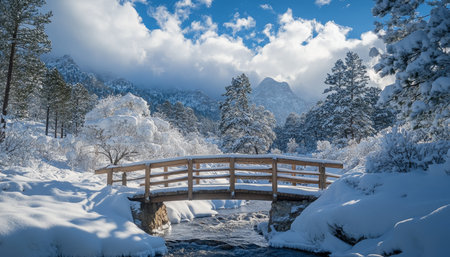 Beautiful snowy landscape featuring a wooden bridge, snow covered trees, and mountain clouds.の写真素材