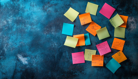 Abstract representation of project management with colorful sticky notes on dark blue metal wallの写真素材