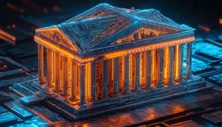 3d isometric rendering of a roman temple constructed from circuit boards with vibrant lightingの写真素材