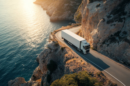 Aerial perspective of a white truck with trailer on cliffside road by the sea at sunsetの写真素材