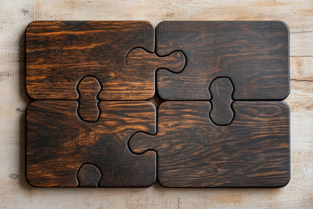 Wooden jigsaw puzzle pieces on light background a top view of dark brown grain design