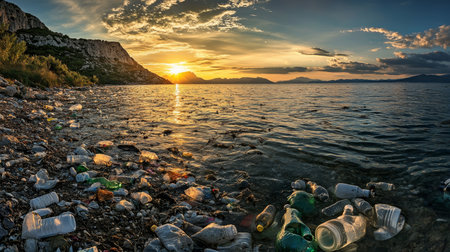 Sunset over a greek island highlighting the crisis of plastic waste in our oceansの写真素材