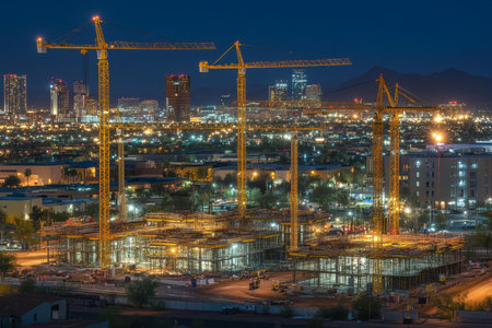Vibrant night skyline of Phoenix, Arizona featuring construction cranes and urban developmentの写真素材