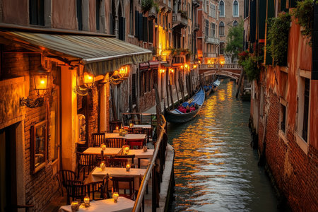 Serene venice restaurant at sunset with canal views, historic buildings and romantic ambianceの写真素材