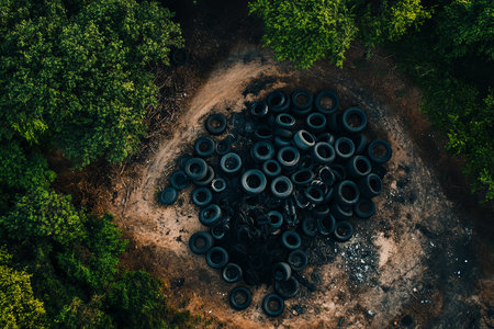 Aerial perspective of stacked old tires in nature creative recycling and artistic potentialの写真素材