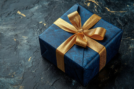 Dark blue gift box with gold satin ribbon on dark background for birthday celebrationの写真素材