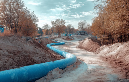 Blue water pipe connection to main line at new park construction site real photograph display