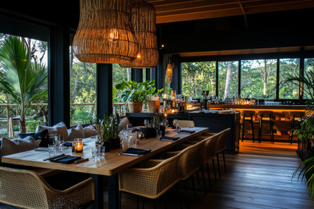 Inviting modern scandinavian restaurant with cozy atmosphere, natural light, and elegant decorの写真素材