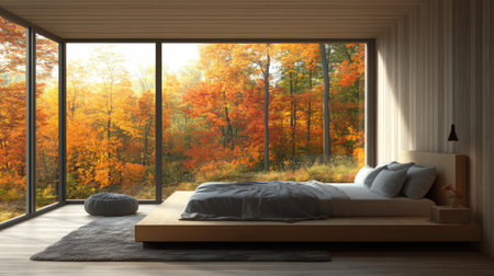Bedroom interior with autumn forest view. 3D Rendering.の写真素材